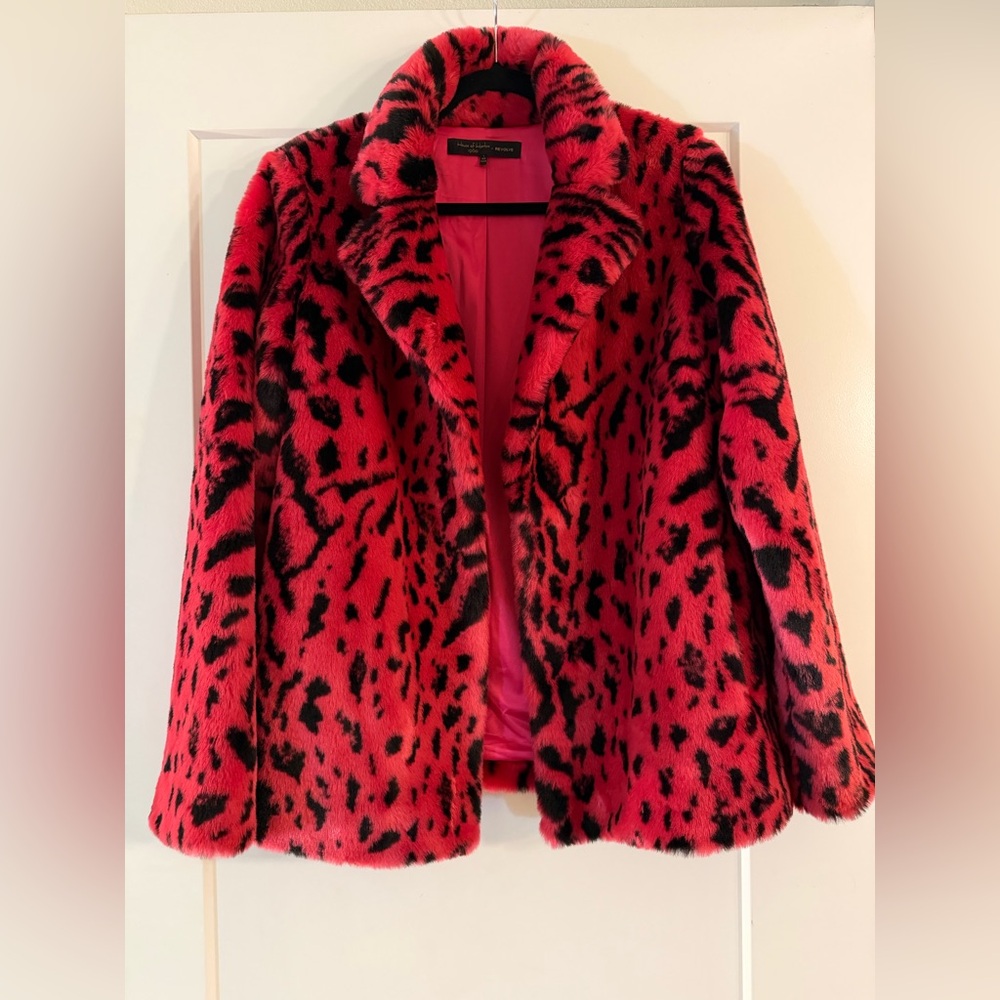 House of Harlow 1960 Pink and Black Faux Fur Leopard Jacket